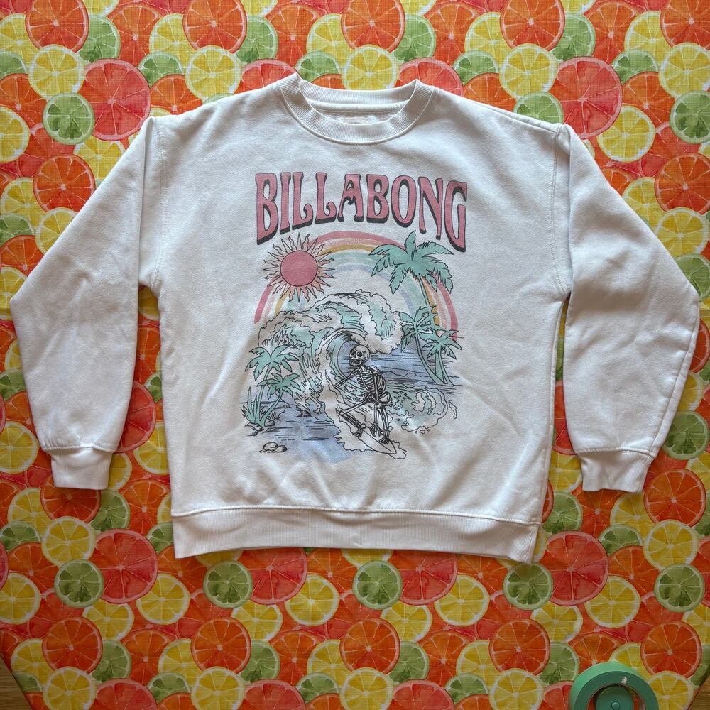 Billabong Here We Go Skeleton Surf Graphic Crewneck Sweatshirt Cream L